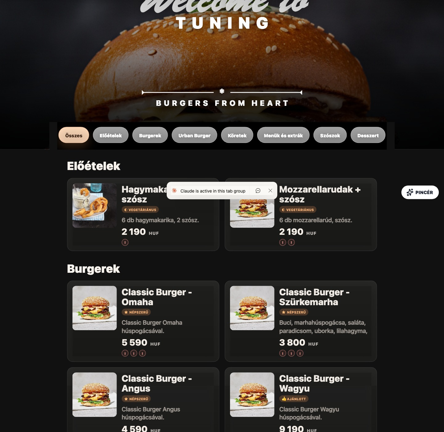 Tuning Burger digitális étlap
